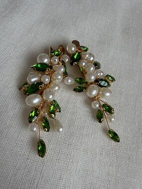 Pearl & Green Crystal Bridal Hair Vines - Gold Tone